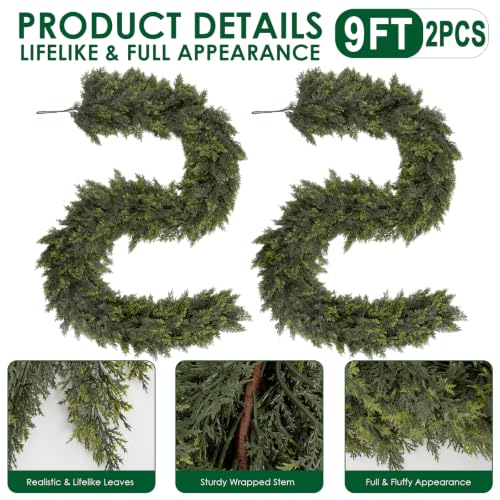 Hananona 9 FT Artificial Cedar Garland - 2 Pack Real Touch Holiday Decor, Dark Green