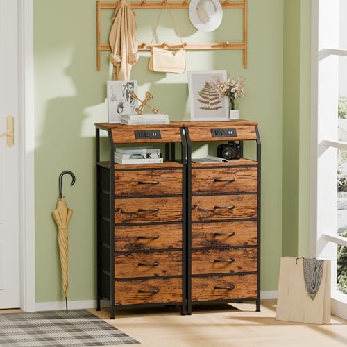Furnulem 5-Drawer Dresser with Charging Station - Rustic Brown Nightstand