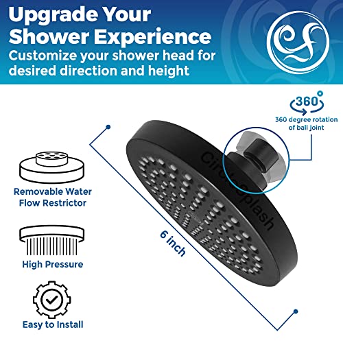 CircleSplash Matte Black High Pressure Shower Head 2.5 GPM - Wide Rainfall 6 Inch