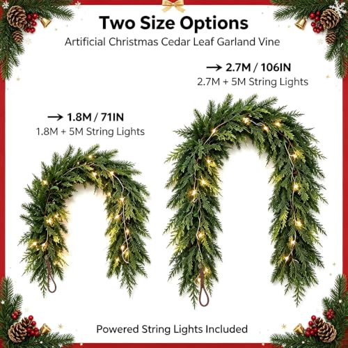 9FT Christmas Cedar Garland with 16.4FT Lights - Real Touch Faux Pine for Indoor/Outdoor Decor