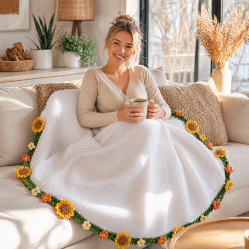 Sunflowers Crochet Blanket - 43 Inch Yellow Sunflower Throw with Floral Bouquet Design
