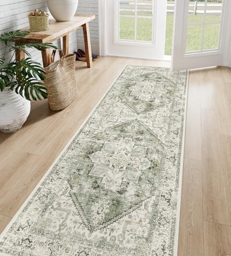 Medallion Sage Green Runner Rug - Non-Slip 2.5x8 Oriental Hallway Carpet