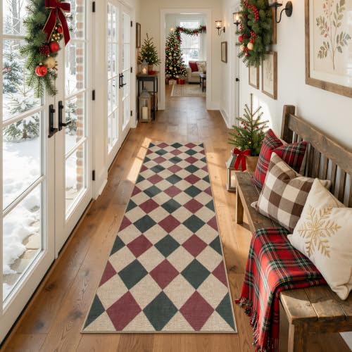 Lahome 2'6" x 8' Red and Green Checkered Christmas Runner Rug Non Slip Entryway Decor