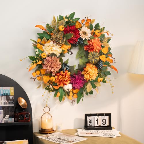 Fall Wreath for Front Door 24 Inch - Rustic Farmhouse Harvest Orange