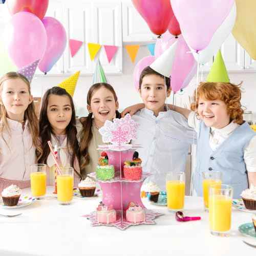 Zopeal 3 Tier Snowflake Cupcake Stand Winter Cake Stand Winter Dessert Tower Cupcake Tray Holder Snowflake Cake Stands for Birthday Party Christmas Holiday Decoration Supplies(Pink)