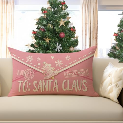 Fjfz 20x12 Inch Pink Christmas Lumbar Pillow Cover Santa Mail Decor