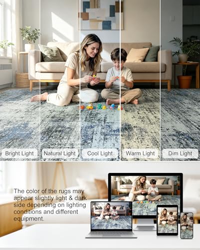 Blue Grey Lemonrug 8x10 Large Washable Non-Slip Modern Abstract Area Rug