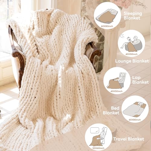 Chunky Knit Throw Blanket for Couch 40x50 Inches Cream - Handwoven Chenille Warm Blanket