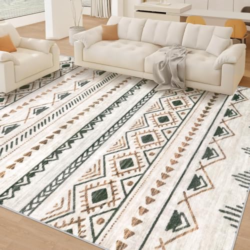 Aoyaomi 8x10 Brown & Green Boho Geometric Area Rug - Non-Slip, Washable, Soft Floor Carpet for Living Room & Bedroom