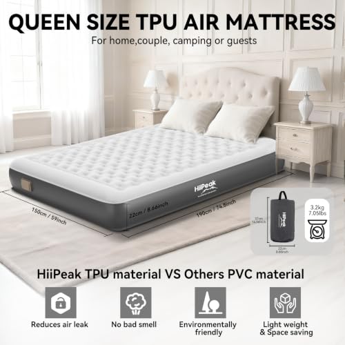 HiiPeak Queen Air Mattress with Built-in Wireless Pump 74.8x59x8.66 Inch, TPU Sleep Bed