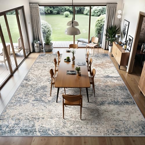 Blue Washable Area Rug 8x10 Abstract Large Living Room Floor Cover