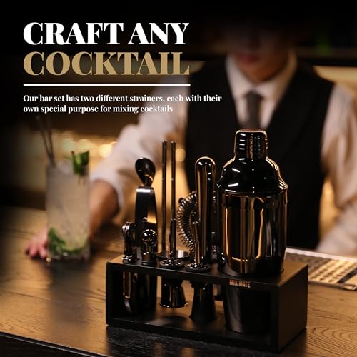 Black Stainless Steel Cocktail Shaker Set with Wood Stand - 15 Piece Bartender Kit - Gun Metal/Black