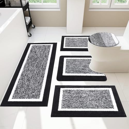 Pauwer 5-Piece Bathroom Rugs Set with U-Shape Toilet Mat & Lid Cover, Non-Slip Microfiber, Black, 18x26/20x32/20x47 inches