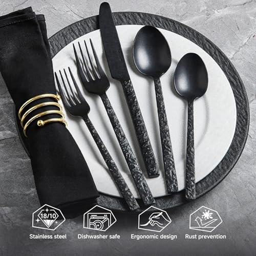 Black Hammered Silverware Set for 4 - 20-Piece Flatware Collection
