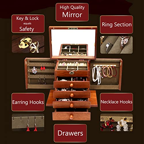 Changsuo Cherry Wooden Jewelry Box for Women Lockable Organizer with Mirror and Compartments