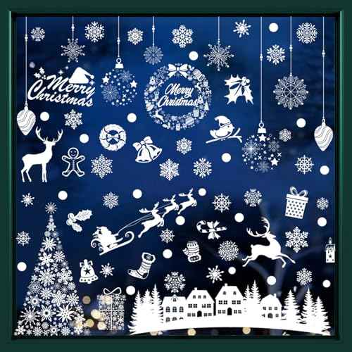 Christmas Window Stickers 146Pcs Christmas Window Clings - Double-Sided White House Tree Snowflake Decals Self Adhesive Windows Decoration for Xmas Holiday Winter Party 9 Sheets