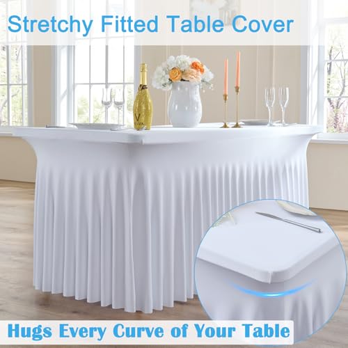 CO-AVE 6-Pack White 6FT Spandex Table Skirts for Rectangle Tables Wedding Party