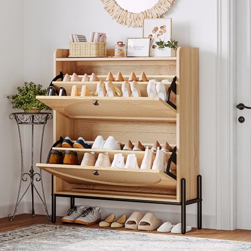 IRONCK Large Rattan Shoe Cabinet Storage with 2 Flip Drawers - Oak