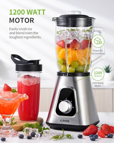 GDOR 1200W Glass Blender with To-Go Cup - Smoothie & Food Mixer Set