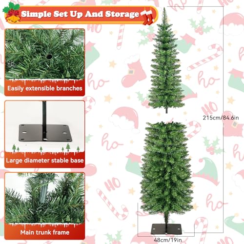 Kungfuking 7ft Green Artificial Christmas Tree Pre-Lit with Warm Lights - Slim Xmas Tree