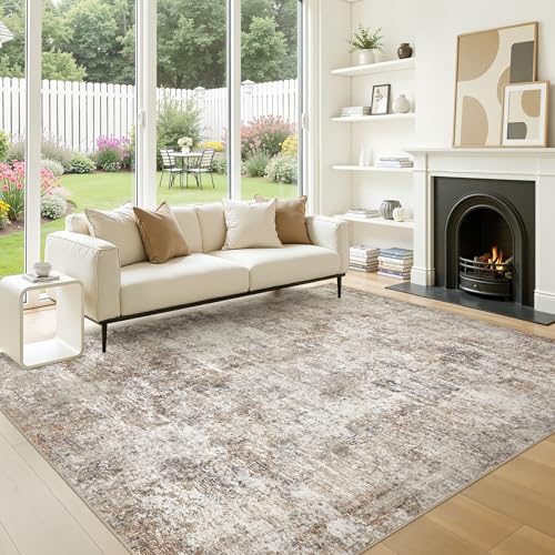 Natunest 9x12 Brown & Grey Washable Area Rug - Non Slip, Abstract Pattern