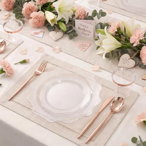 350Pcs Rose Gold Disposable Plates Set for Parties - Clear Plastic Dinnerware, 50 Guests