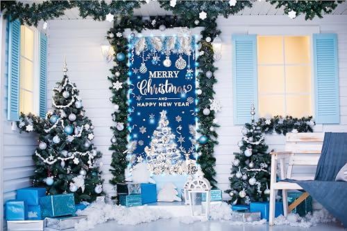 Lighted Christmas Door Cover - Blue Silver Tree Banner for Holiday Decor