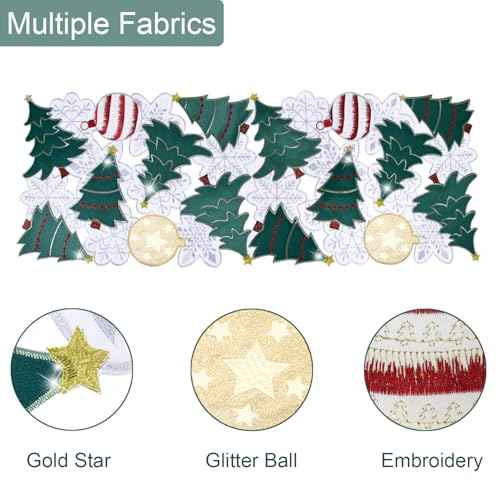 Christmas Tree Table Runner Christmas Ball 72 inches Long Green White Snowflake Embroidered Xmas Decoration Festive Holiday Cutwork Dining Table 70IN