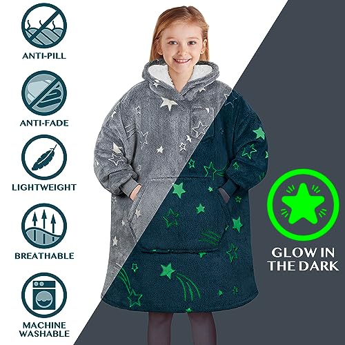 PAVILIA Glow Star Gray Fleece Sherpa Wearable Blanket Hoodie for Kids