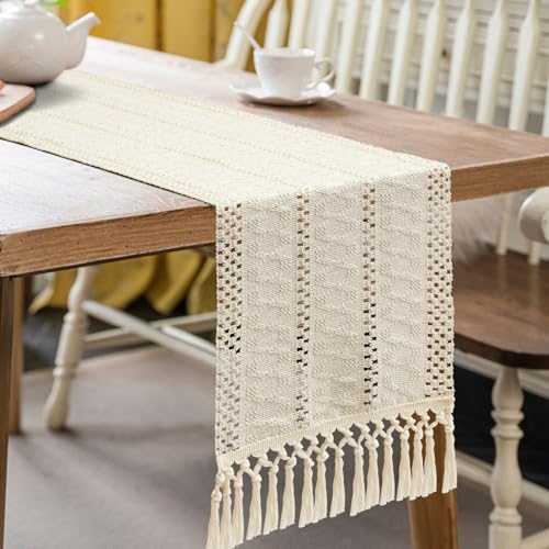 OTOSTAR Ivory Macrame Table Runner 12x108 Inches Boho Farmhouse Decor