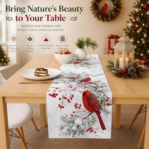 Christmas Decorations - Red Cardinal Bird Winter Pine Branches Table Runner (OHOME) Christmas Cardinal Bird