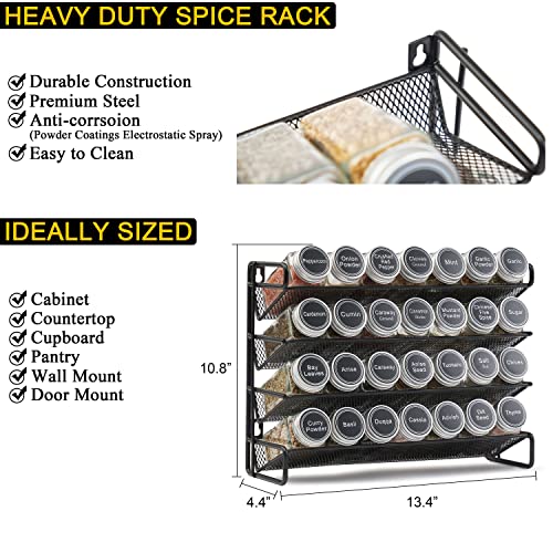 13.4W x 10.8H Black Spice Rack Organizer with 28 Jars & Labels - Wall Mount