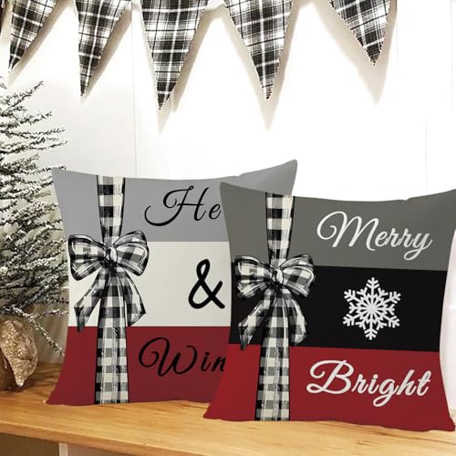 Christmas Pillow Covers 18x18 Inch Set of 4 Winter Red Xmas Trees Snowflake Decorative Cushions with Invisible Zipper, Double-Sided Print, Farmhouse Home Decor, White Red Black Variation