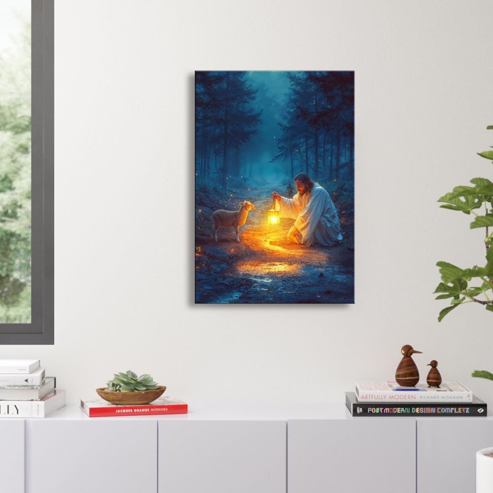 Ploceiny Christian Wall Art | Jesus Running After Lost Lamb Canvas Poster | 16" x 24" Home Decor