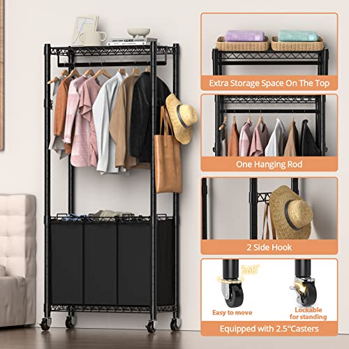 Hodonas Rolling Laundry Basket with Wheels & Hanging Bar - Black