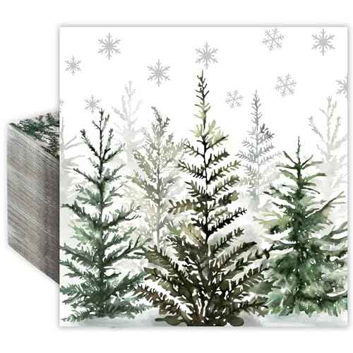 Quera 50 Pack Christmas Paper Napkins Watercolor Christmas Tree Disposable Beverage Napkins Watercolor Decorative Table Napkin for New Year Winter Dinner Merry Christmas Holiday Xmas Party Supplies