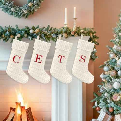 21 Inches Knitted Christmas Stockings with Initials, Large White Custom Monogram Embroidery Christmas Stockings with Letter, Personalized Xmas Decoration for Holiday Family Party-L