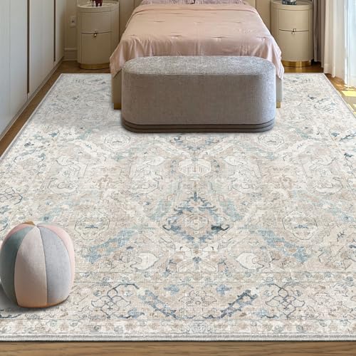 8x10 Indoor Area Rug - Vintage Retro Non-Slip Washable Chenille Home Carpet - Grey/Blue/Teal/Green/Tan - Lightweight, Low Pile, Perfect for Living Room & Bedroom (Warm Grey/Blue, Rectangular)