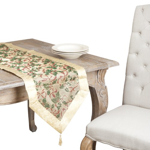 SARO LIFESTYLE Metallic Holly Ribbon Table Runner - Festive Holiday