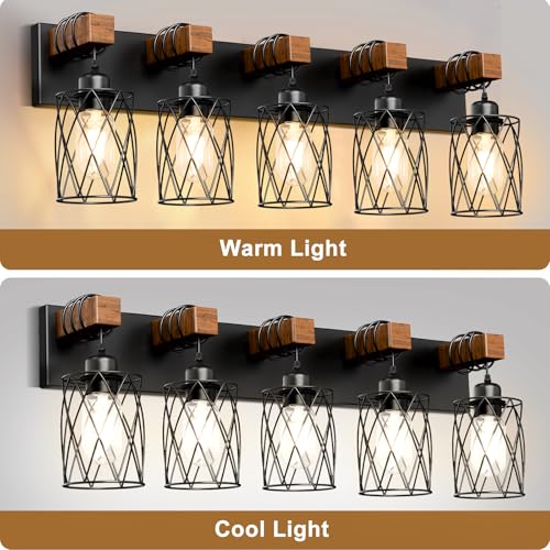 Black Farmhouse Bathroom Vanity Light - 5-Light Wood & Metal Fixture, Over Mirror