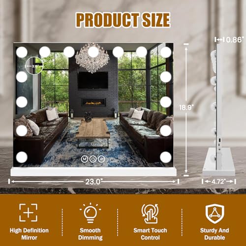 Large 23x18 Inch Hollywood Vanity Mirror with Lights & 10X Magnification - Dimmable 3-Color LED Bulbs - White - Desk Makeup Mirror