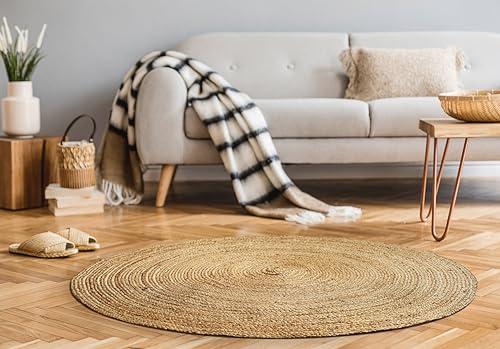 Hausattire 4ft Round Natural Jute Braided Area Rug - Handmade, Durable, Reversible