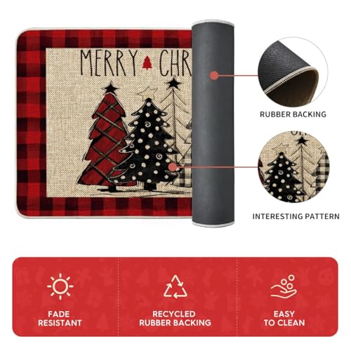 Artoid Mode Red Buffalo Plaid Xmas Tree Kitchen Mats Set of 2, 17x29 & 17x59 Inches