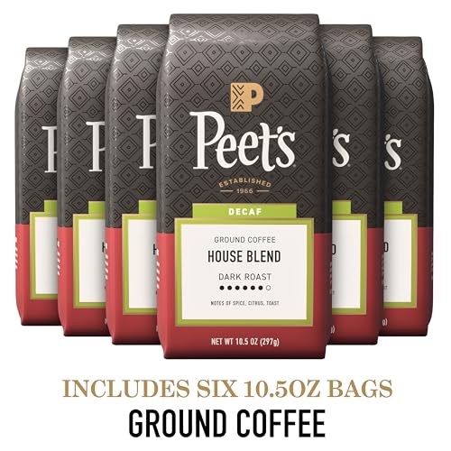 Peet's Decaf House Blend Ground Coffee - 6 Pack of 10.5 oz Dark Roast, Natural Water Processed, Arabica Beans