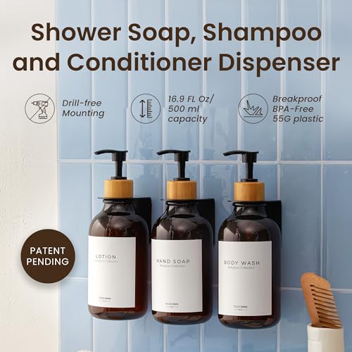 MaisoNovo Refillable Shampoo & Conditioner Dispenser Set - Wall Mount Amber Bamboo