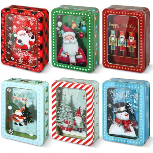 Tioncy Christmas Cookie Tin with Lid - Rectangle, 7.3 x 5.1 x 2.2 Inches, Set of 6 Holiday Cookie Jars