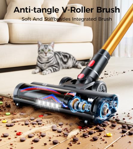 Cordless Vacuum Cleaner 600W 50KPA Self-Standing Touch Screen Pet Hair Carpet Hard Floors - Gold