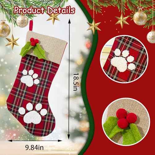 Christmas Stockings with Paw Ornaments, Xmas Burlap Stockings for Fireplace, Large Red Buffalo Plaid Stocking Decorations, Winter Fireplace Hanging Stockings for Home Christmas