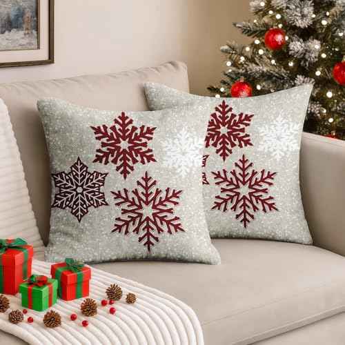 Emvency Throw Pillow Cover Christmas Sparkling Red Snowflakes Decorative Pillow Case Home Decor Square 16x16 Inch Cushion Pillowcase