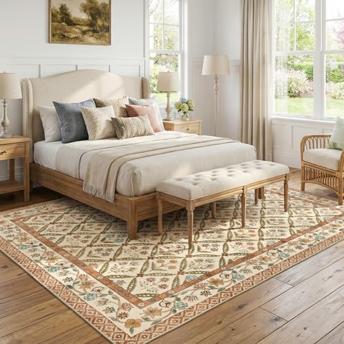 8x10 Terracotta Vintage Floral Washable Area Rug for Living Room